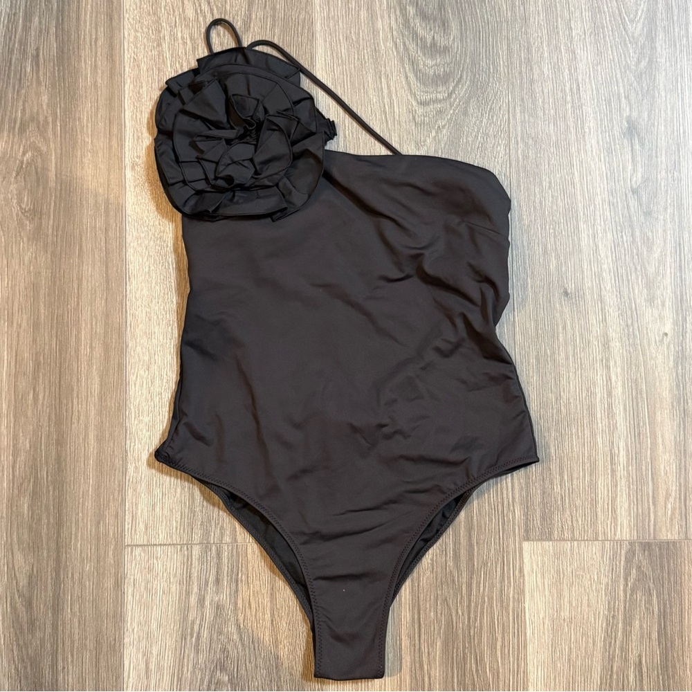 Zara Asymmetrical Black Floral Appliqué One Piece Swimsuit Size Large